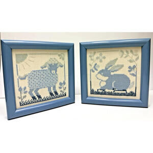 Vtg Easter Bunny Rabbit Sheep Lamb Framed Cross Stitch Completed Nursery Textile